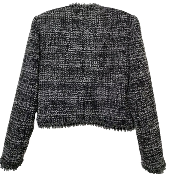 New Saks Fifth Avenue Black Tweed Wool Blend Frayed Trim Crop Blazer Size 10 - Picture 9 of 14